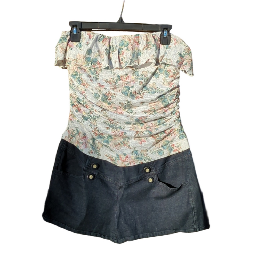 Strapless Romper Denim Bottom Floral Top Large Size